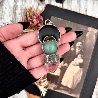 Black Onyx Moon, Green Aventurine Crystal ball, Clear Phantom Quartz Necklace in Fine Silver / Foxlark Collection - One of a Kind