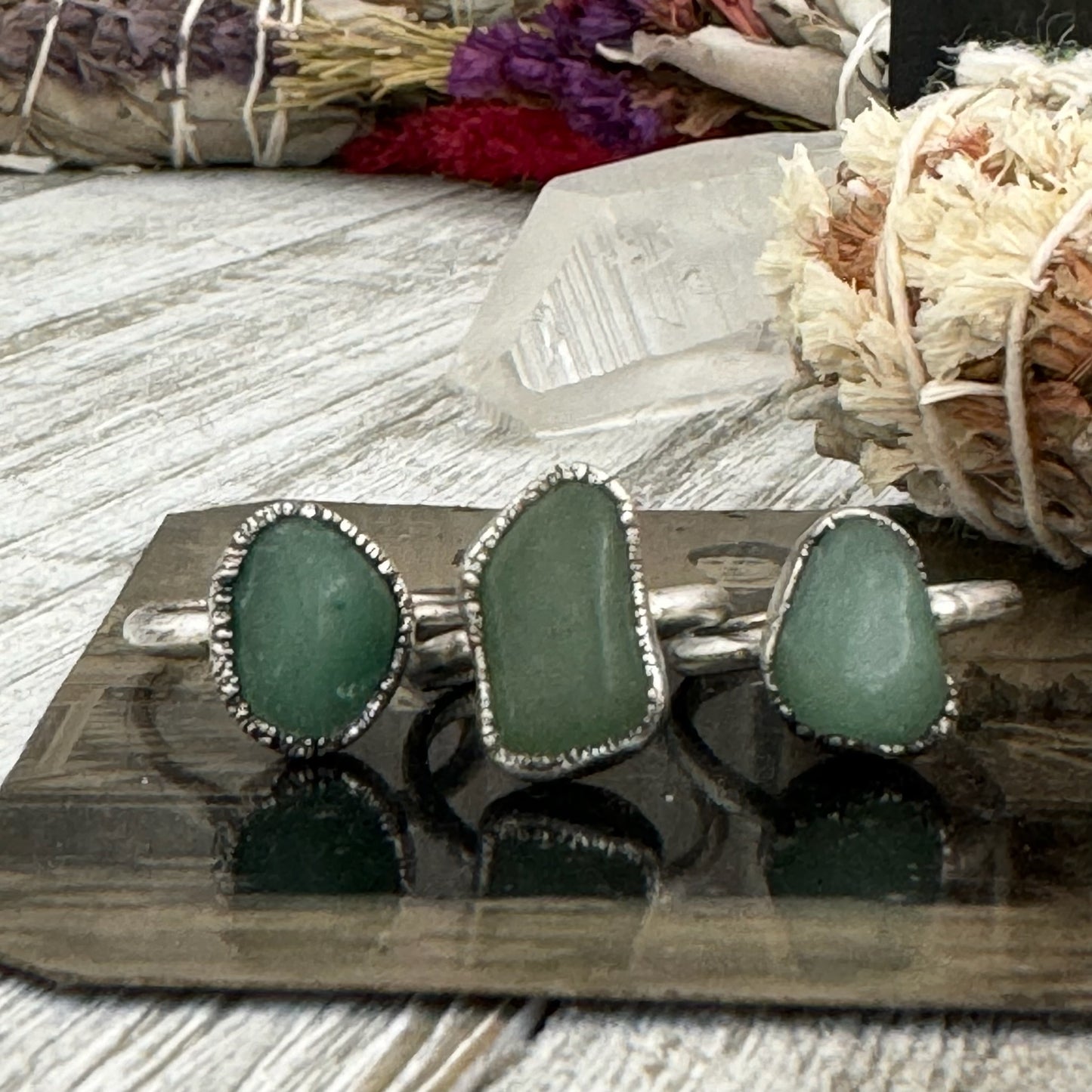 Green Aventurine Small Stone Ring in Fine Silver Size 5 6 7 8 9 / Foxlark Collection