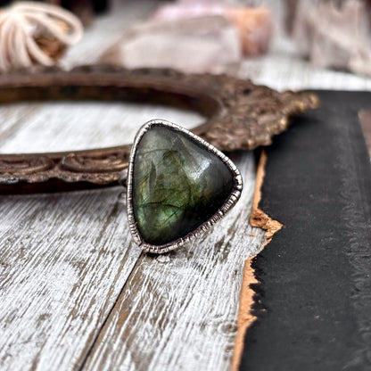 Green Labradorite Ring Fine Silver Size 8 / Foxlark Crystal Jewelry Collection