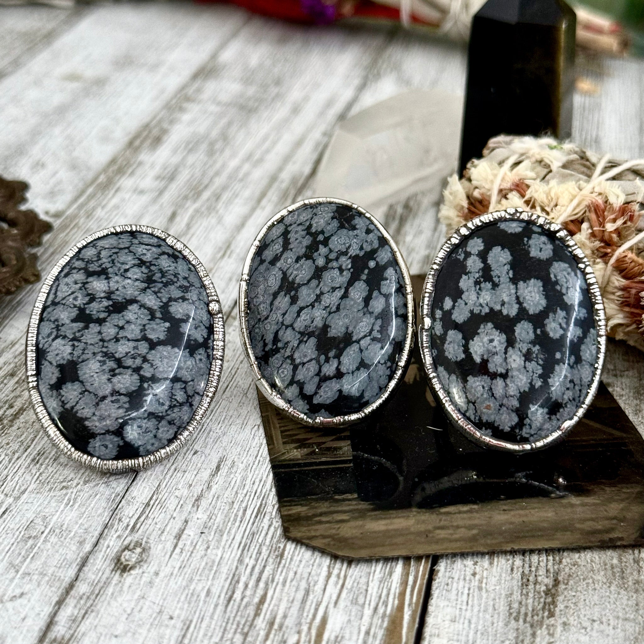 Snowflake Obsidian Ring - Size 8 1/2 - Obsidian Ring - Electroformed Ring 2024 - Gift for Her - Large Crystal Ring