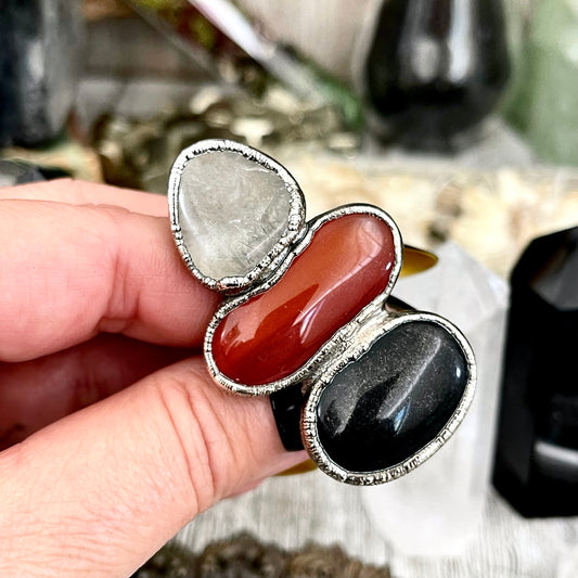 Size 7 Crystal Ring - Three Stone Ring Black Onyx Red Carnelian Tourmaline Quartz Silver Ring / Foxlark Collection - One of a Kind