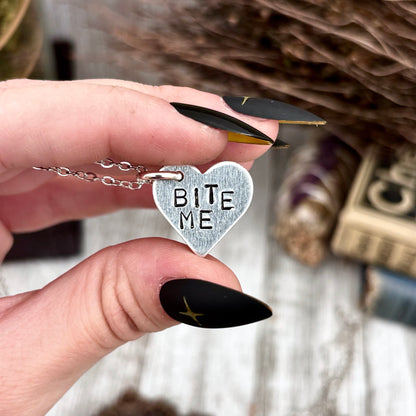 Bitty Bangers - Custom Hand Stamped Necklace Bold Heart Shaped Jewelry, Personalized Funny Gift for Women /  Feral Necklace Bitch Necklace  Bite Me Necklace