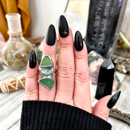 Size 6 Crystal Ring - Three Stone Ring Sea Glass Moss Agate Ring Silver / Foxlark Collection - One of a Kind