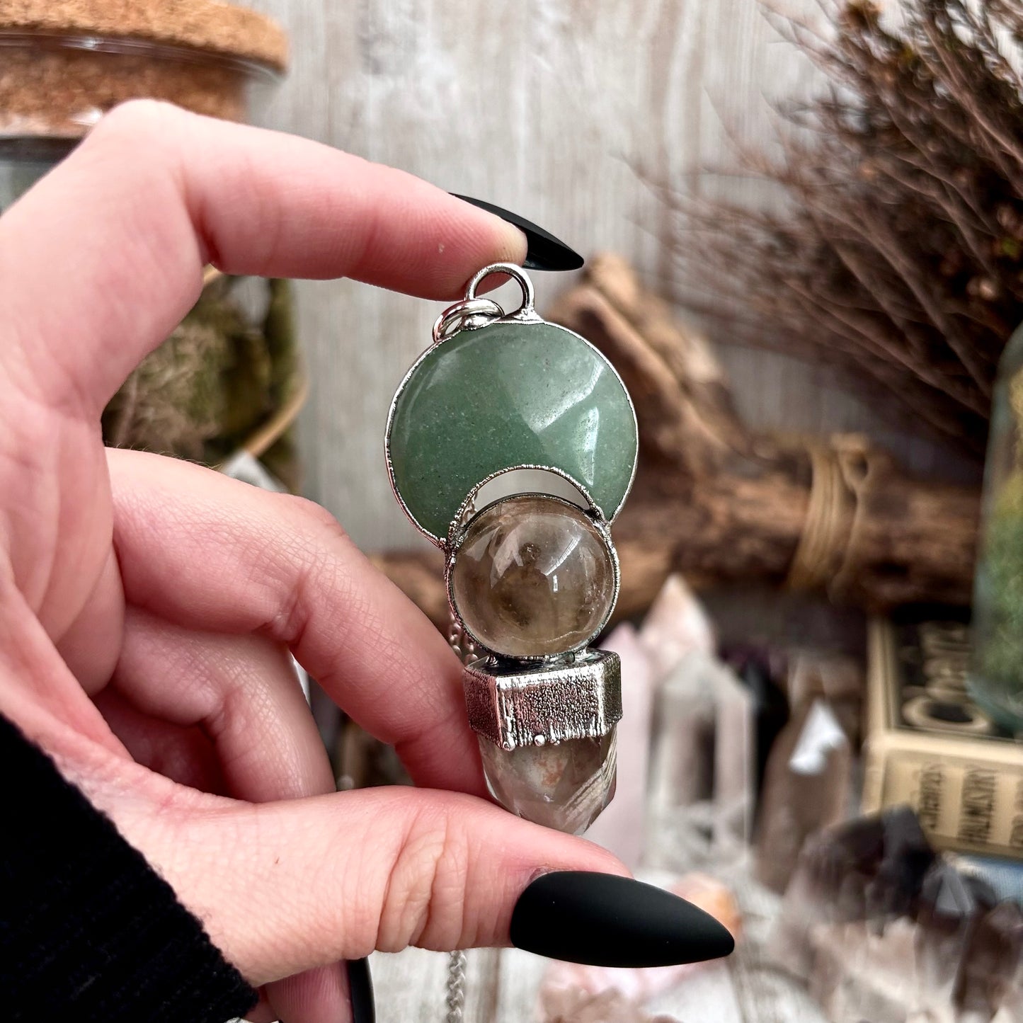 Green Aventurine Moon, Clear Quartz Crystal ball, Garden Quartz Necklace in Fine Silver / Foxlark Collection - One of a Kind