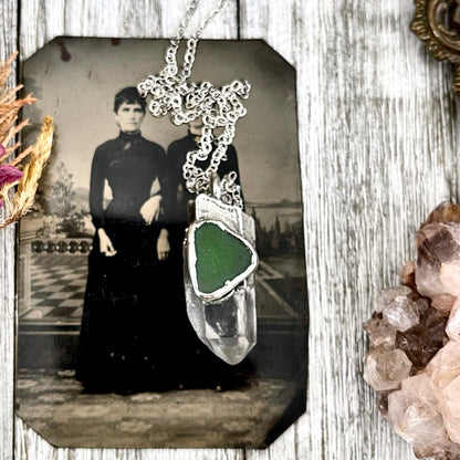 Clear Quartz & Green Sea Glass Crystal Statement Necklace in Fine Silver / Foxlark Collection - One of a Kind