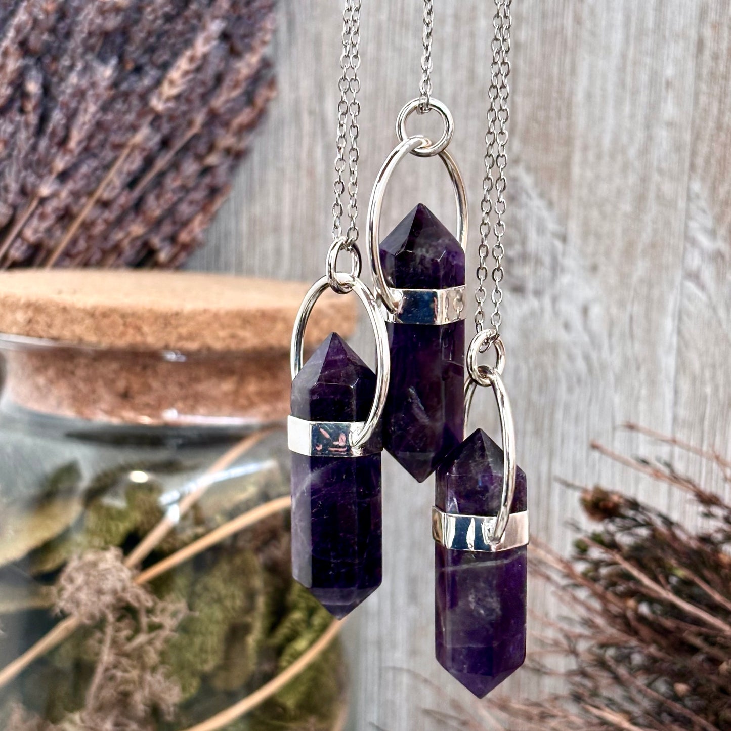 Amethyst Crystal Point Necklace in Sterling Silver, Purple Necklace  -Designed by FOXLARK Collection