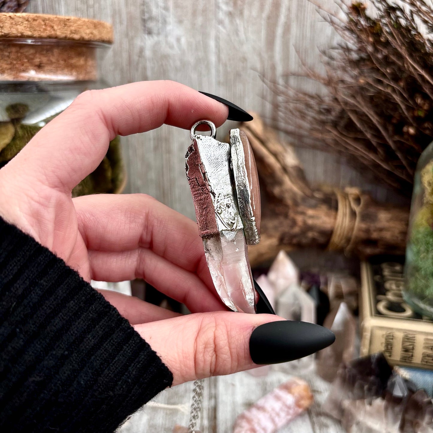 Clear Quartz & Peach Moonstone Crystal Statement Necklace in Fine Silver / Foxlark Collection - One of a Kind