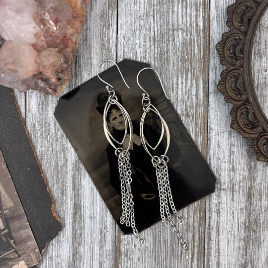 Sterling Silver Hoop Fringe Earrings / Long Dangle Witchy Earrings