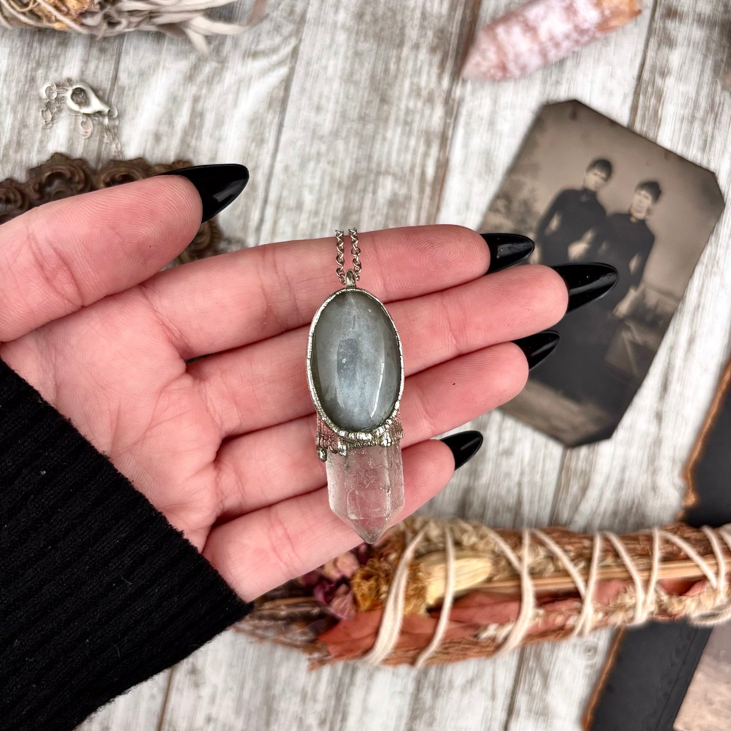 Clear Quartz & Grey Moonstone Crystal Statement Necklace in Fine Silver / Foxlark Collection - One of a Kind