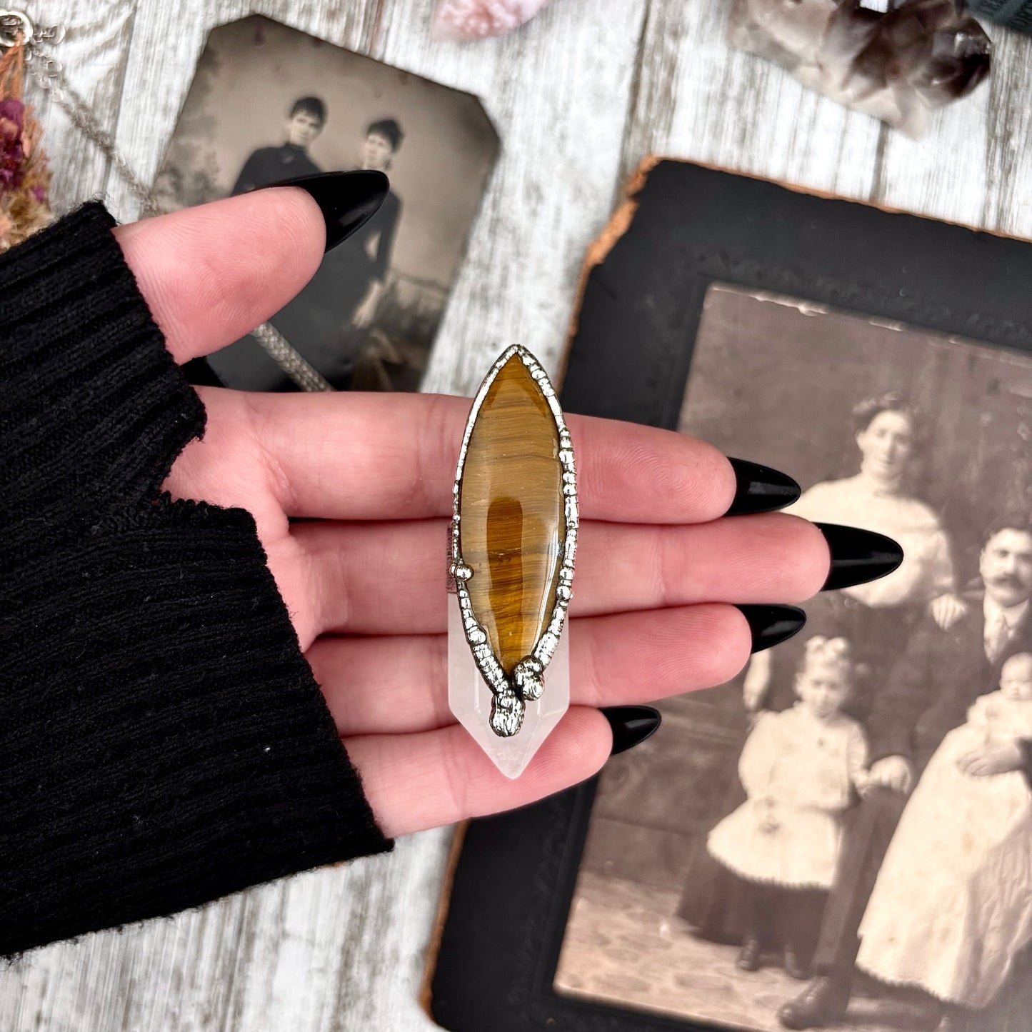 Clear Quartz & Tigers Eye Crystal Statement Necklace in Fine Silver / Foxlark Collection - One of a Kind