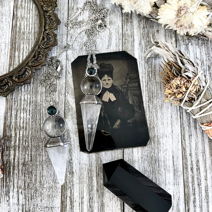 Clear Quartz Sphere Pendulum with Moss Agate Necklace Pendant in Fine Silver  / Foxlark Collection