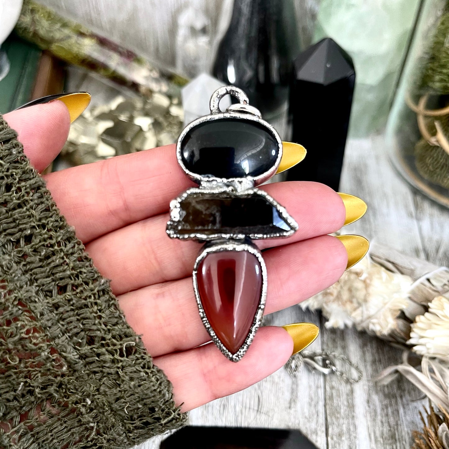 Three Stone Smokey Quartz Carnelian Black Onyx Necklace in Fine Silver / Foxlark Collection - One of a Kind Jewelry