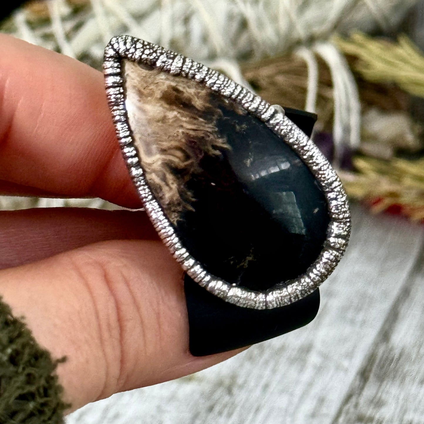 Large Fossilized Palm Root Ring in Silver Size 10  / Foxlark Crystal Jewelry Collection