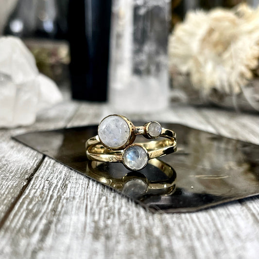 Dainty Triple Moonstone Ring Set in Brass  Size 7 8 9 10