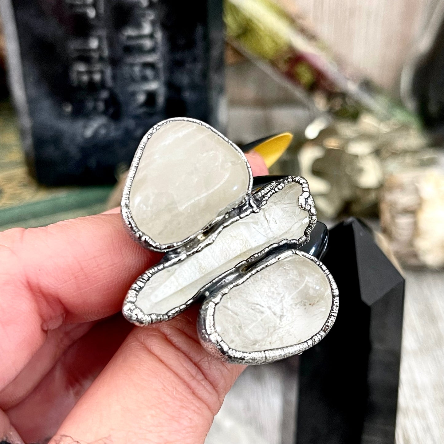 Size 9 Crystal Ring - Three Stone Clear Quartz Ring in Silver / Foxlark Collection - One of a Kind