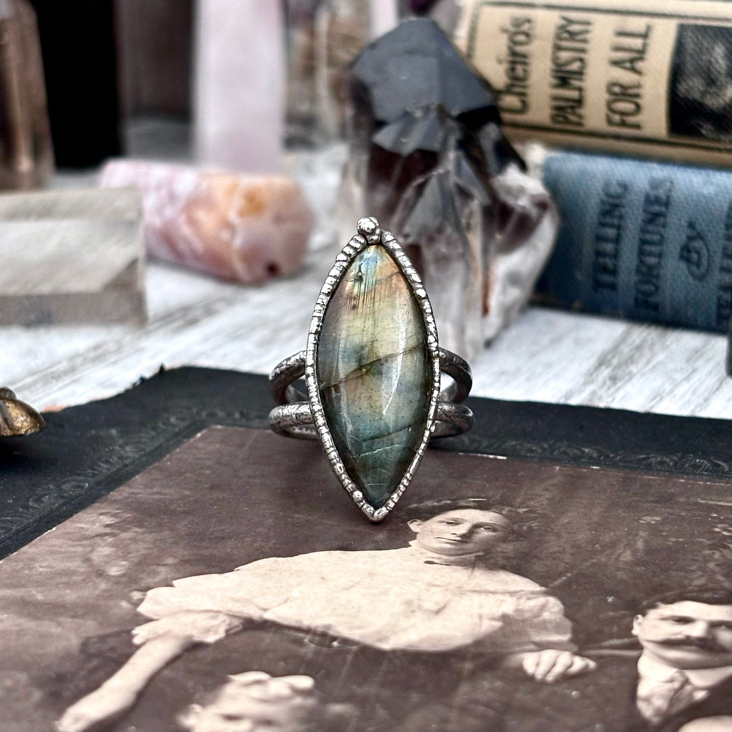 Blue Green Orange Labradorite Ring Silver Size 9.5 / Foxlark Crystal Jewelry Collection