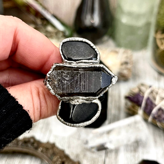 Size 7 Big Crystal Ring - Three Stone Black Onyx Smokey Quartz Silver Ring / Foxlark Collection - One of a Kind Jewelry