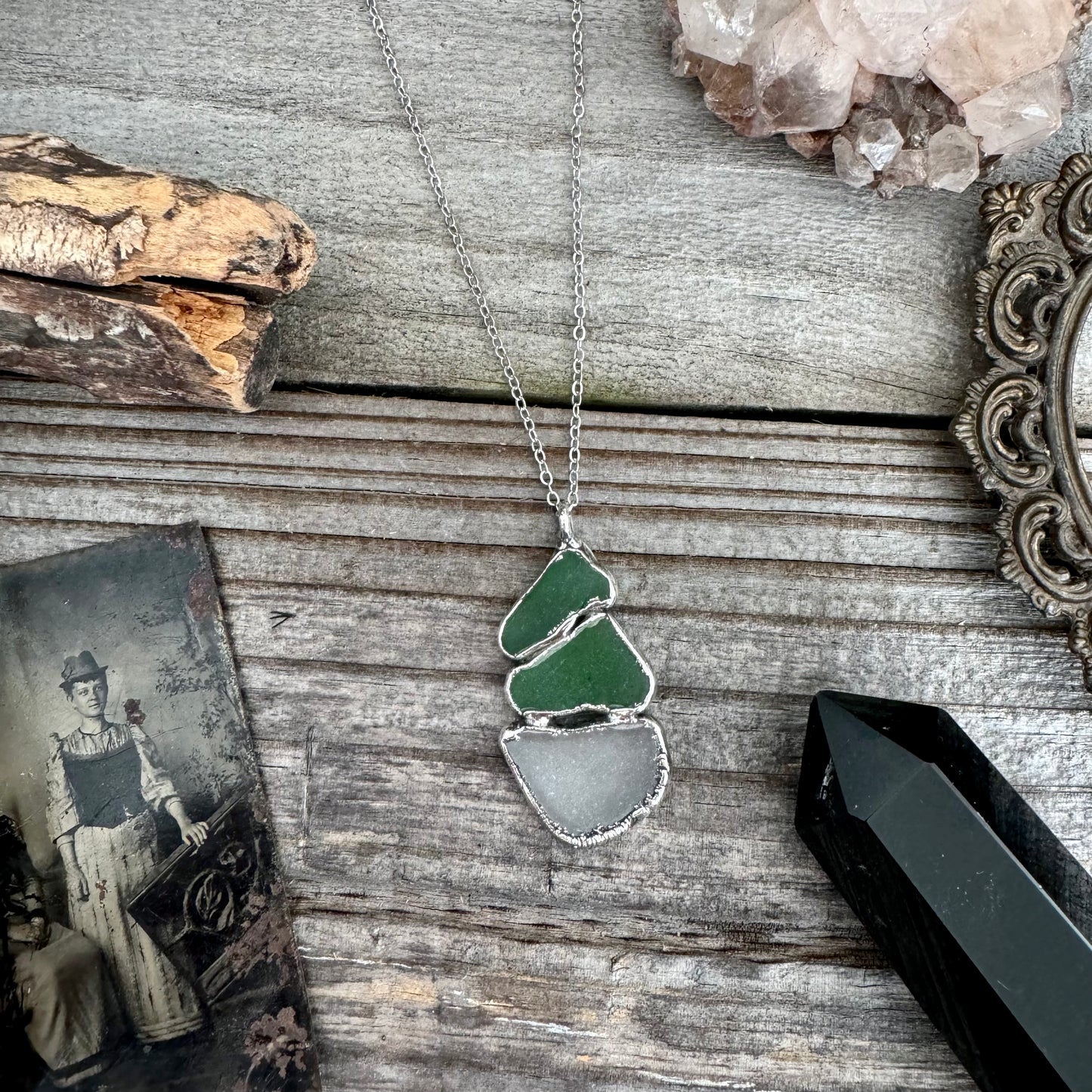 Three Stone Green and Clear Sea Glass Necklace in Fine Silver / Foxlark Collection