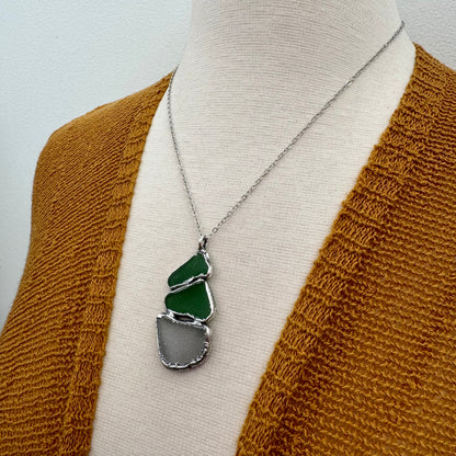 Three Stone Green and Clear Sea Glass Necklace in Fine Silver / Foxlark Collection