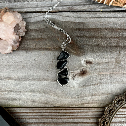 Four Stone Black Onyx Necklace in Fine Silver / Foxlark Collection