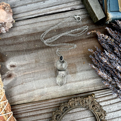 Crystal Necklace - Clear Quartz Ball, Garden Quartz Point and Black Onyx set in Fine Silver / One of a Kind - by Foxlark