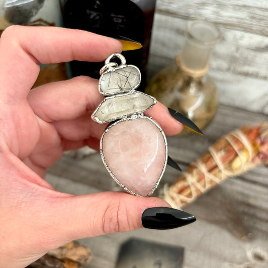 Three Stone Necklace Rose Quartz Clear Quartz Tourmaline Quartz Silver / Foxlark Collection