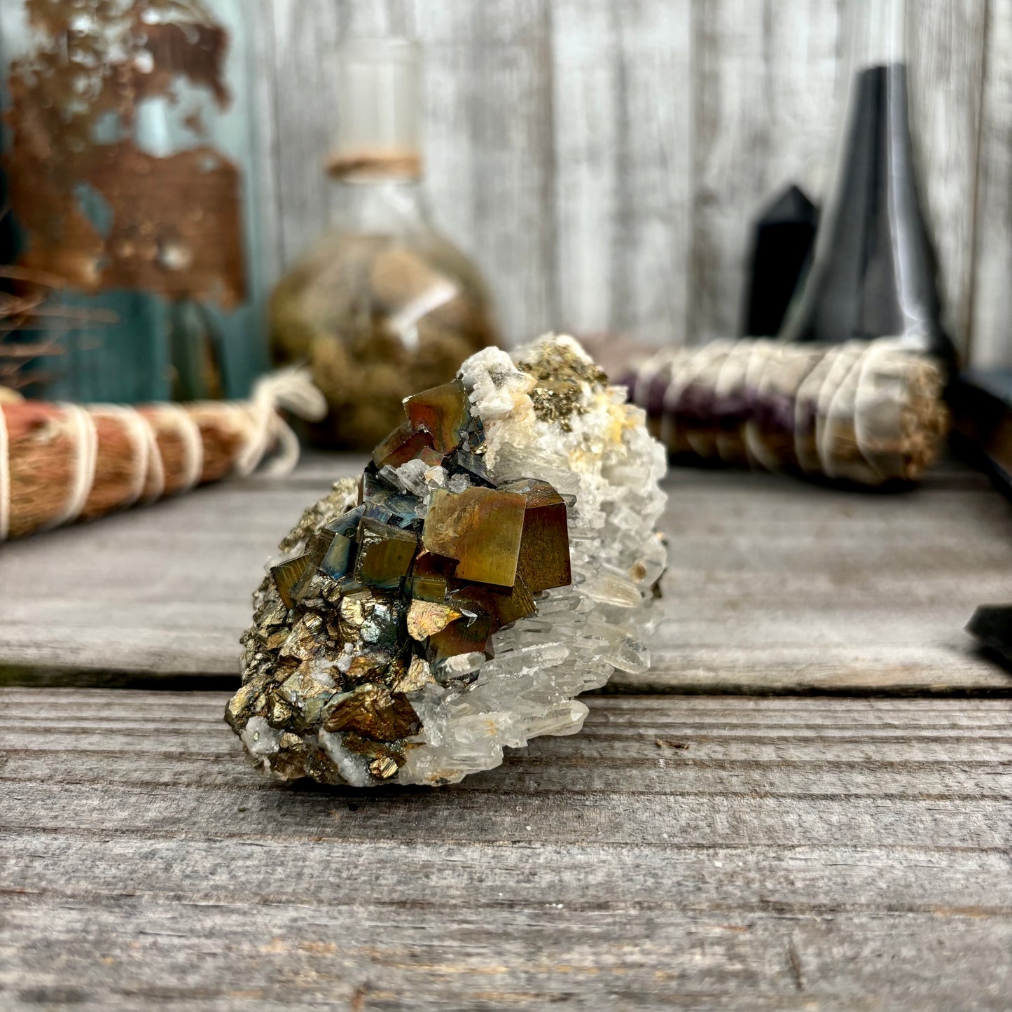 Self Standing Pyrite and Clear Quartz Crystal Cluster / FoxlarkCrystals