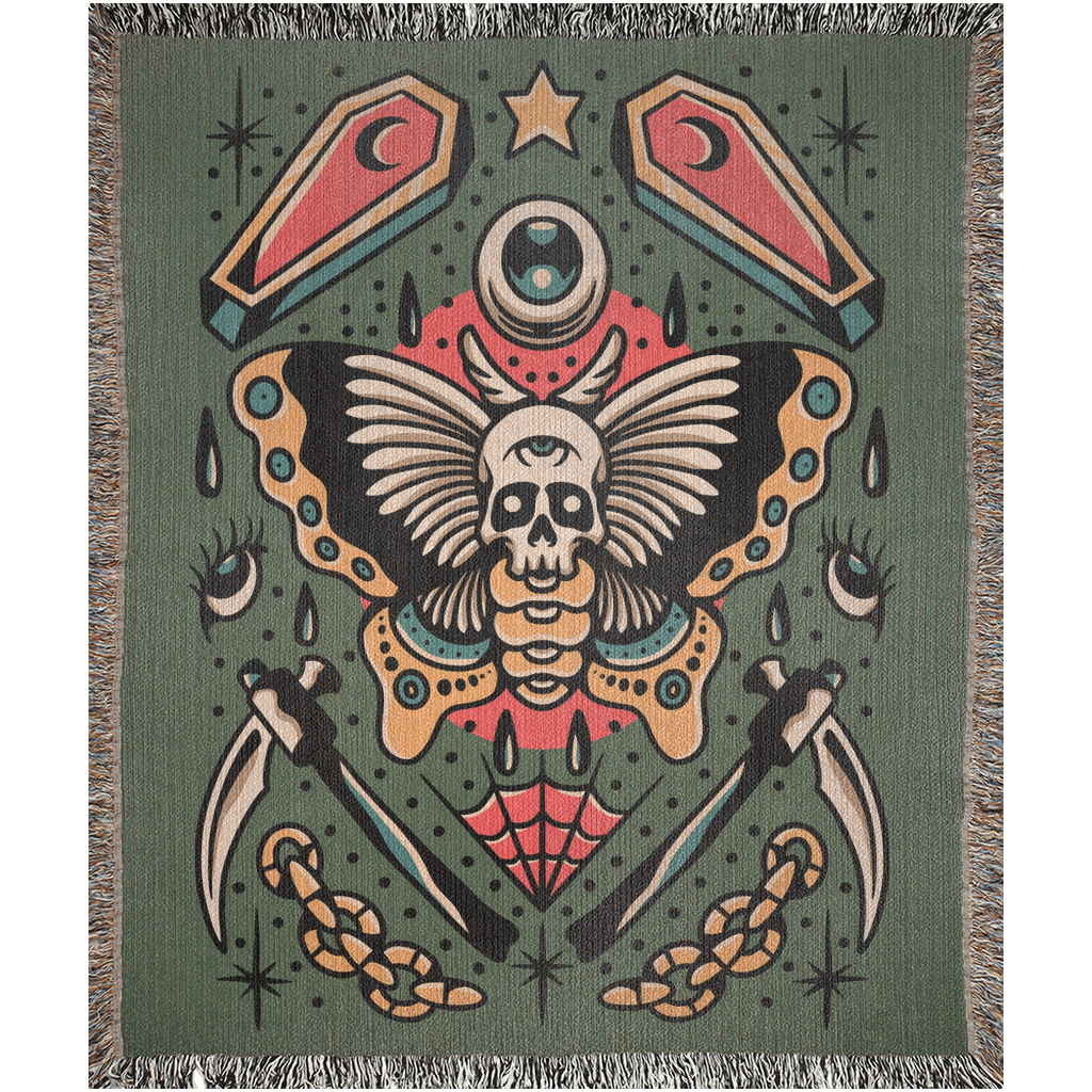 Death Moth Traditional Tattoo Style Woven Fringe Blanket / / Wall tapestry or throw for sofa, maximalist decor,  tattoo home decor