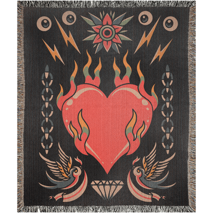 Bleeding Heart Traditional Tattoo Style Woven Fringe Blanket / / Wall tapestry or throw for sofa, maximalist decor,  tattoo home decor