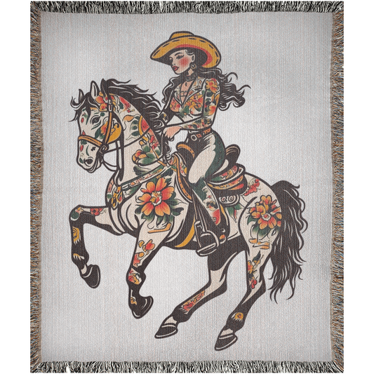 Cowgirl Riding a Horse Traditional Tattoo Style Woven Fringe Blanket