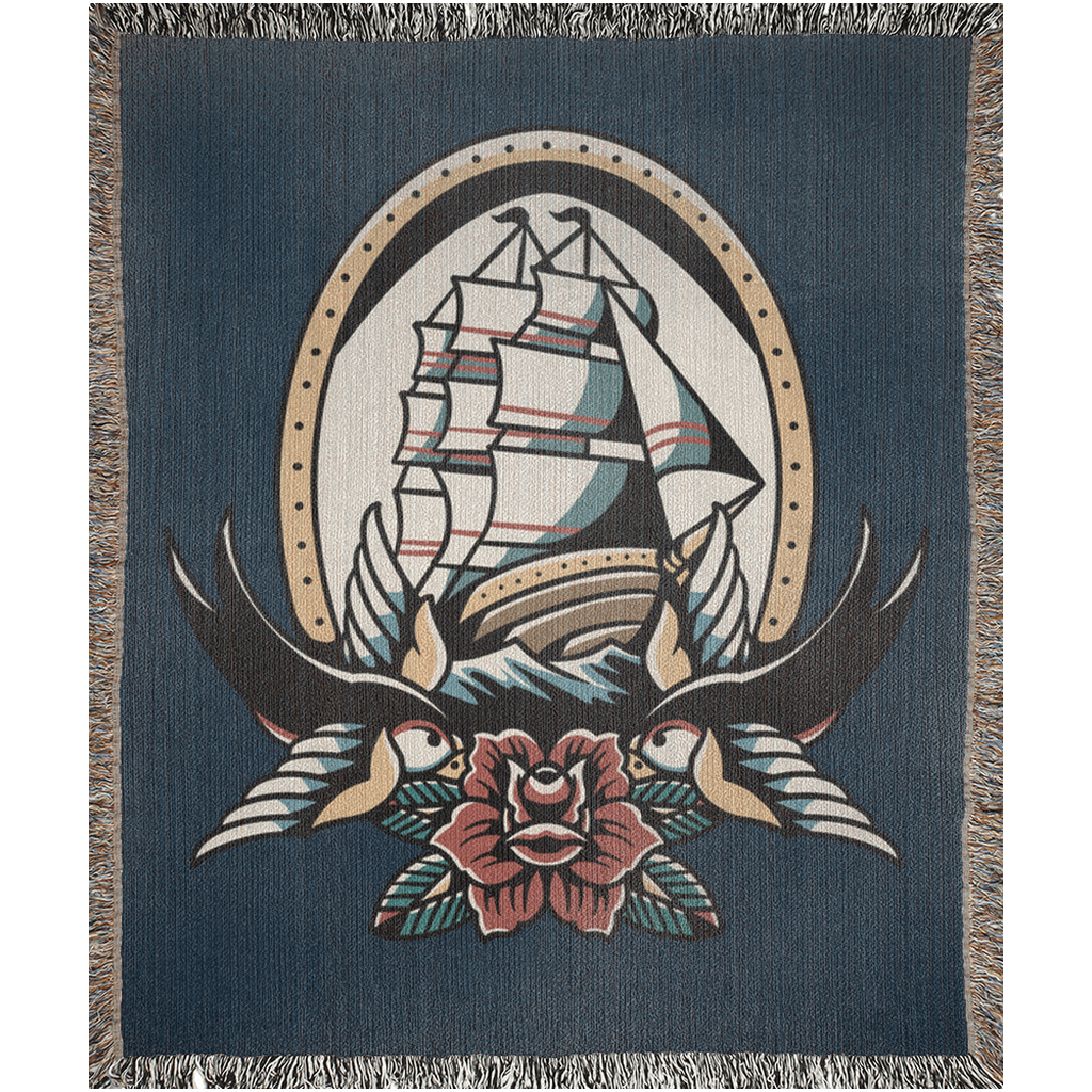 Pirate Ship Traditional Tattoo Style Woven Blanket