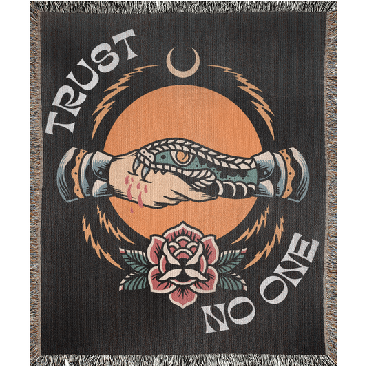 Trust No One Traditional Tattoo Style Woven Fringe Blanket