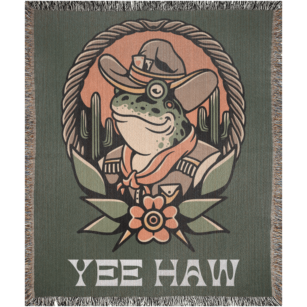 Yee Haw Cowboy Frog Green Traditional Tattoo Style Woven Fringe Blanket / / Tapestry Throw