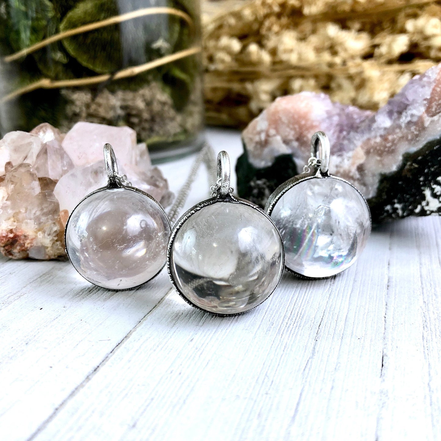 Silver Crystal Ball Necklace Large Clear Quartz Crystal Necklace // Crystal Sphere Necklace, Crystal Orb Statement Necklace Witchy Jewelry