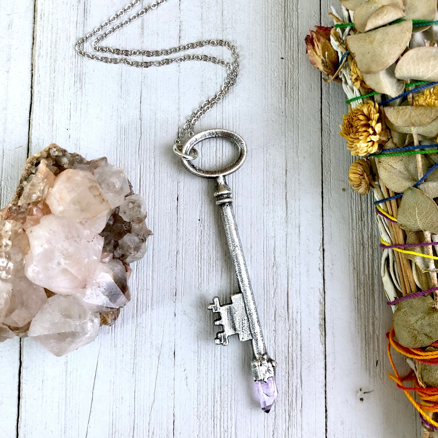Raw Amethyst Crystal Vintage Skeleton Key Necklace Pendant in