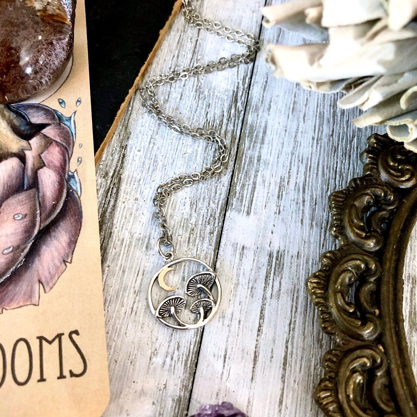 Tiny Talisman Collection - Moonlit Night- Sterling Silver Tiny Mushroom With Bronze Moon Necklace 17x15mm / Curated Collection