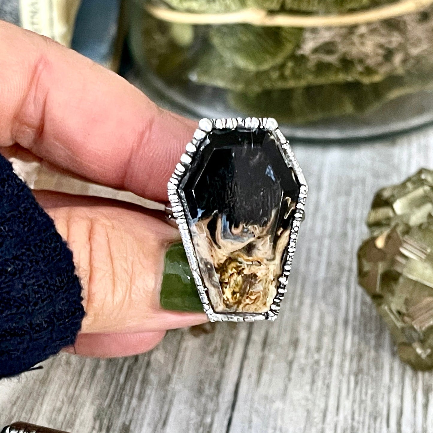 Silver Coffin Ring Black Stone Ring Size 8 9 10 / Fossilized Palm Root Coffin Jewelry /Gothic Ring For Woman.