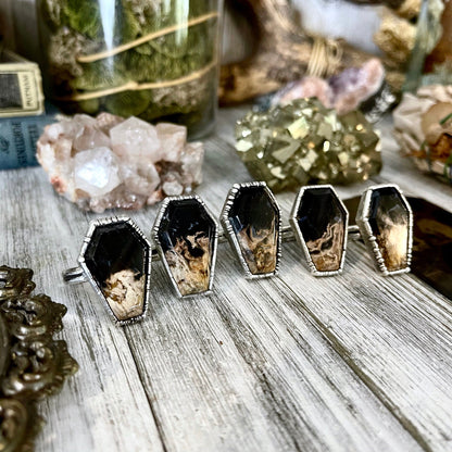 Silver Coffin Ring Black Stone Ring Size 8 9 10 / Fossilized Palm Root Coffin Jewelry /Gothic Ring For Woman.