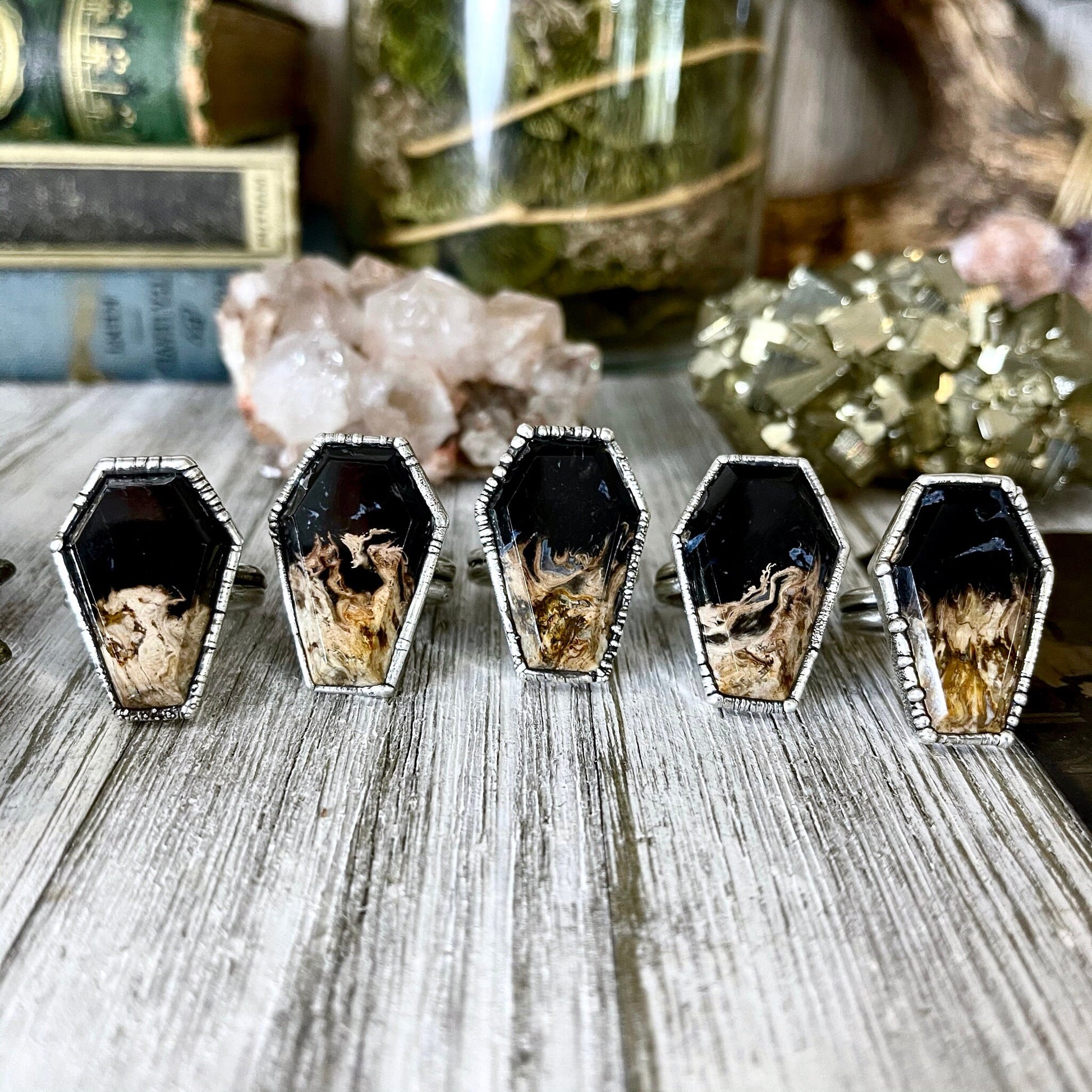 Silver Coffin Ring Black Stone Ring Size 8 9 10 / Fossilized Palm Root Coffin Jewelry /Gothic Ring For Woman.