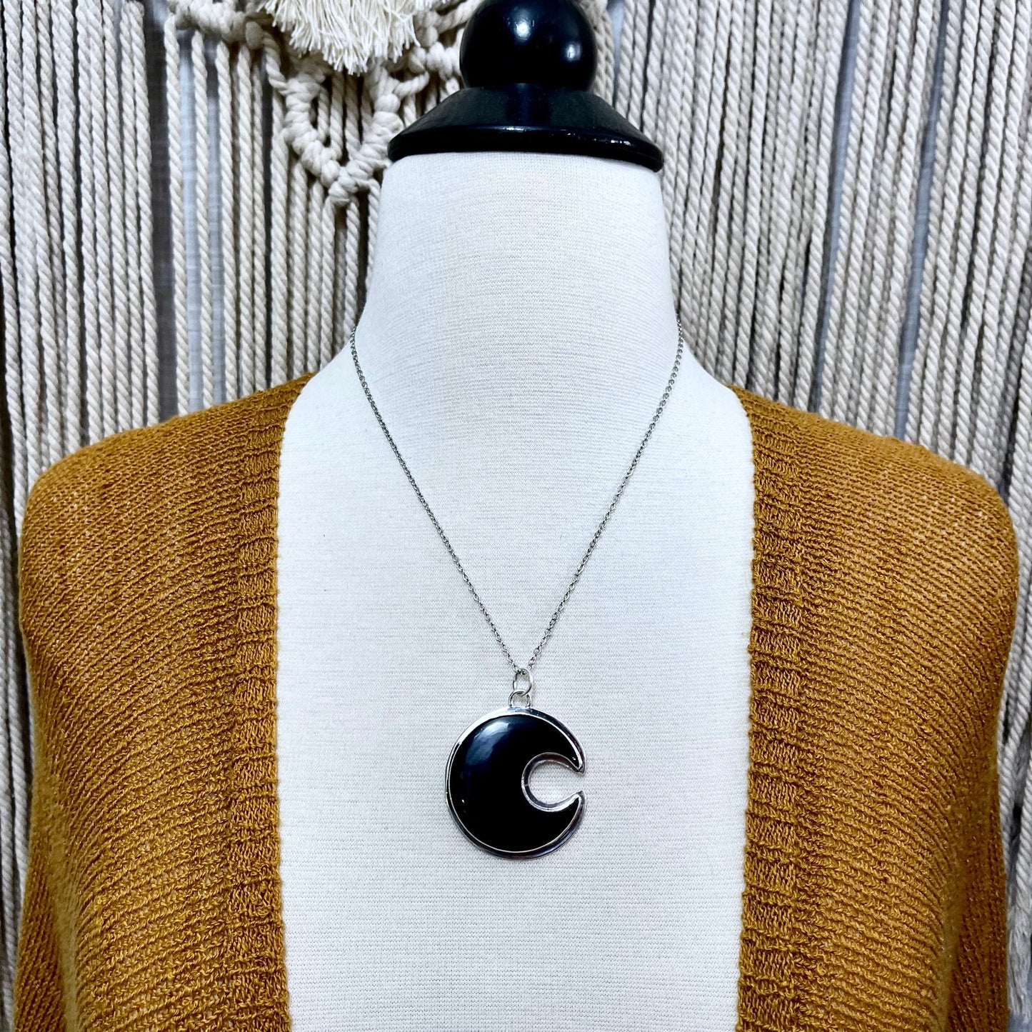 Crescent Moon Black Onyx Crystal Necklace in Sterling Silver / Designed by FOXLARK Collection