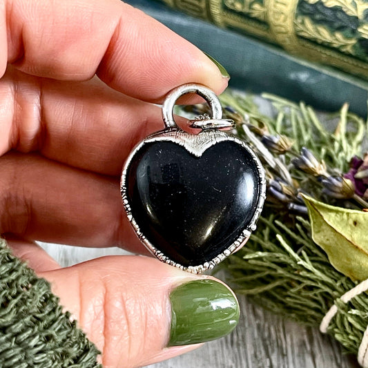 Black Obsidian Crystal Heart Necklace In Fine Silver