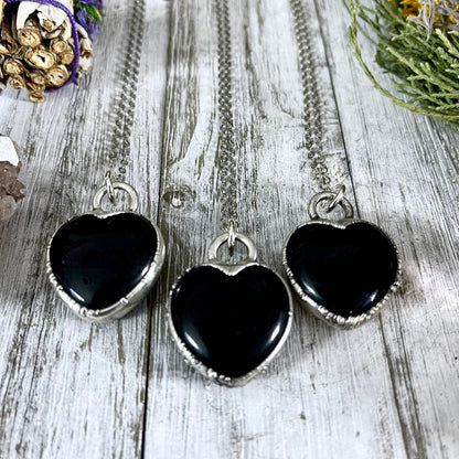 Black Obsidian Crystal Heart Necklace In Fine Silver