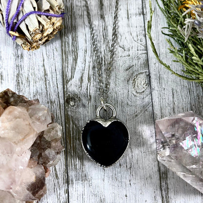 Black Obsidian Crystal Heart Necklace In Fine Silver