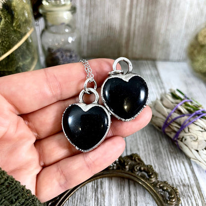 Black Obsidian Crystal Heart Necklace In Fine Silver