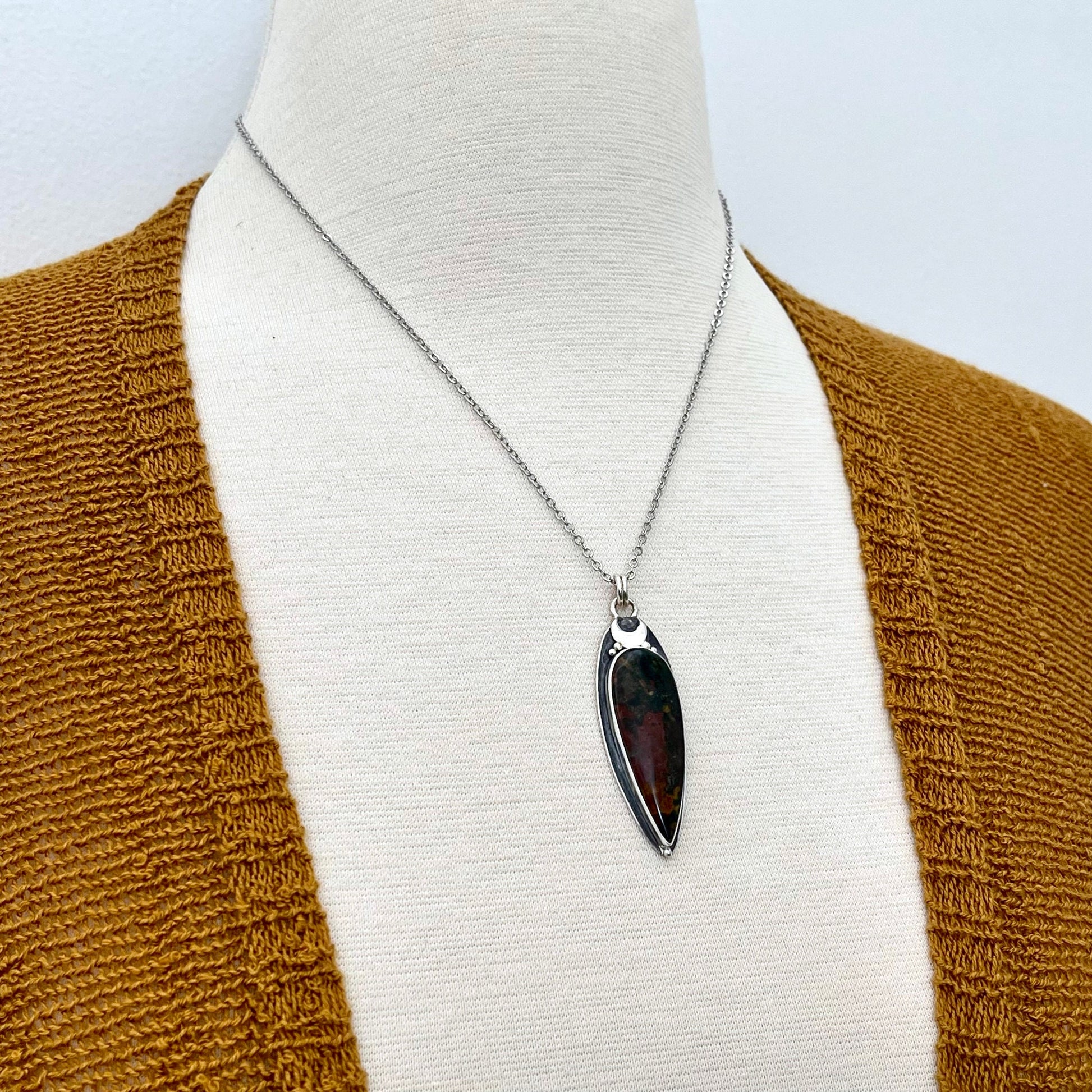 Bloodstone Magic Moon Crystal Statement Necklace in Sterling Silver- -Designed by FOXLARK Collection