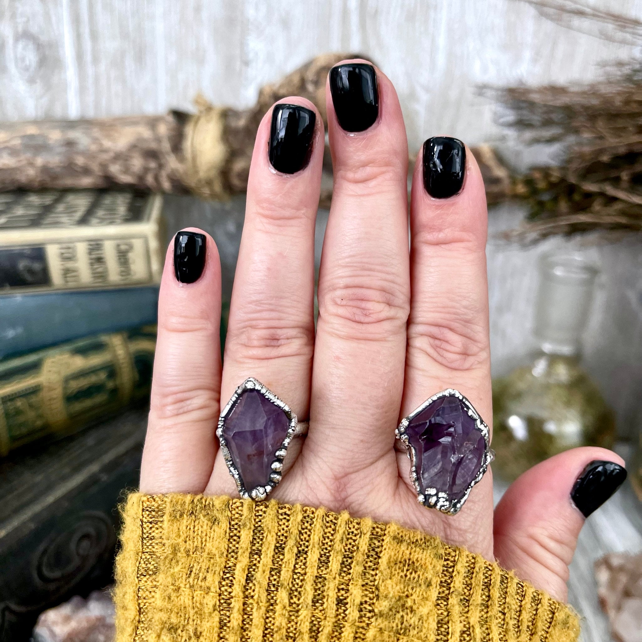 Size 7.5 Big Raw Amethyst Purple Crystal Ring in Fine Silver / Foxlark Collection - One of a outlets Kind