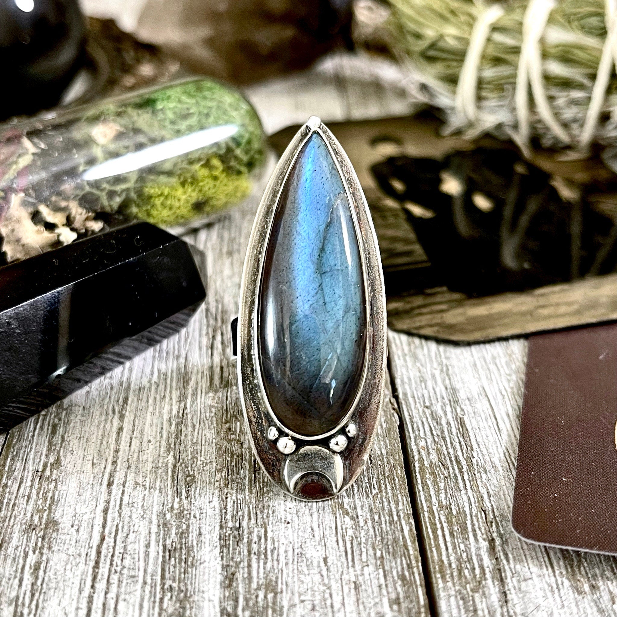 Blue labradorite crystal on sale ring