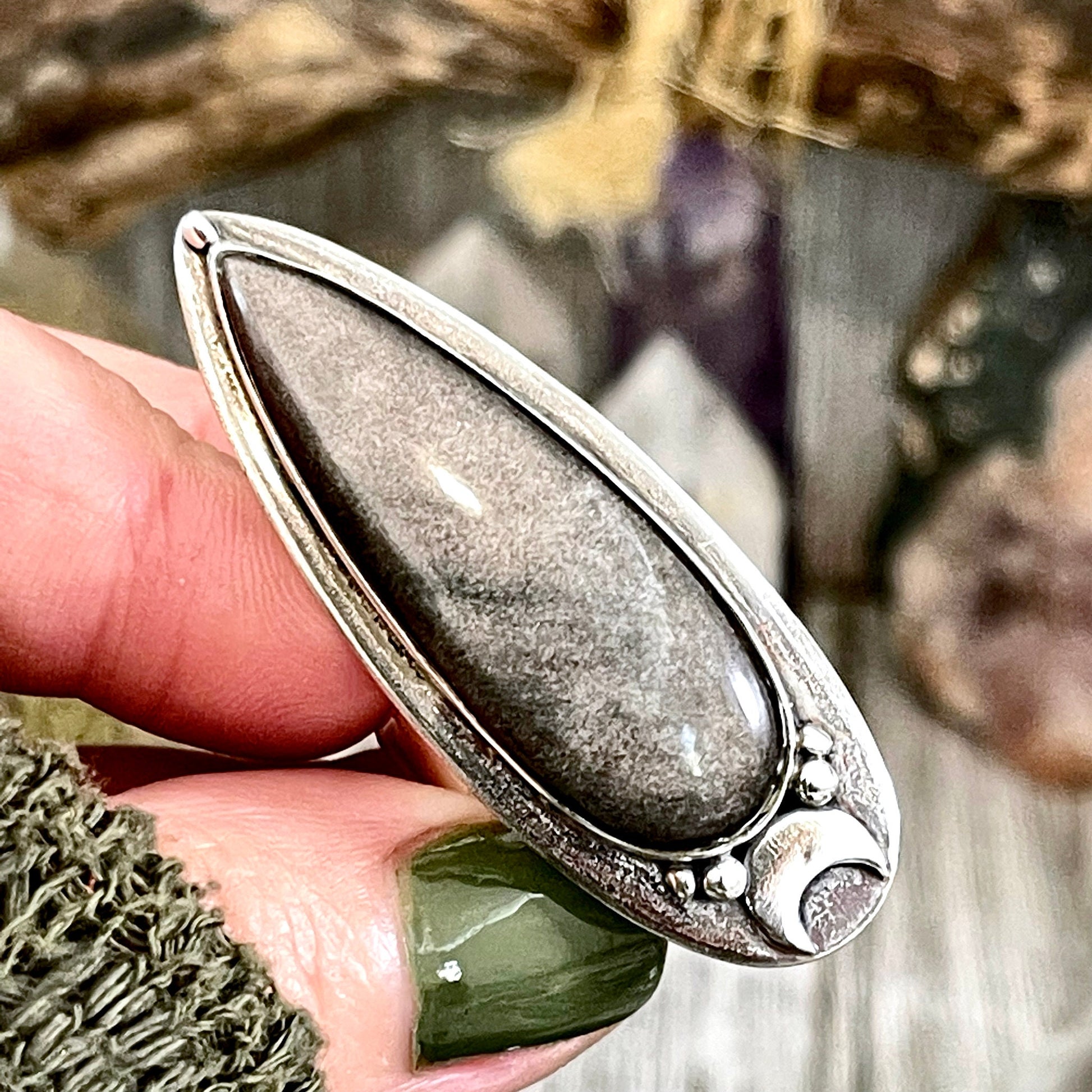 Magic Moons Silver Sheen Obsidian Ring in Sterling Silver / Designed by FOXLARK Collection Adjustable to Size 6 7 8 9 10