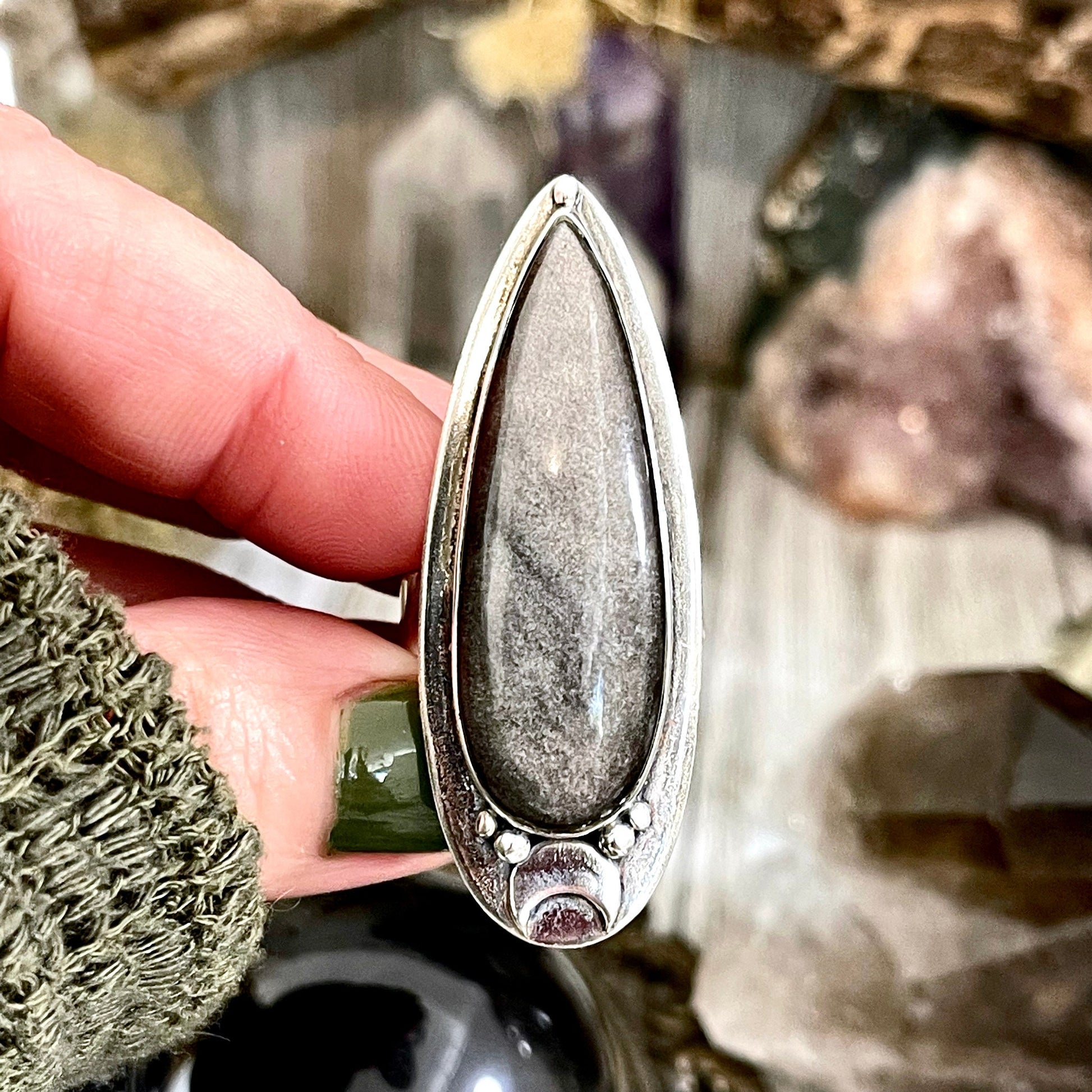 Magic Moons Silver Sheen Obsidian Ring in Sterling Silver / Designed by FOXLARK Collection Adjustable to Size 6 7 8 9 10