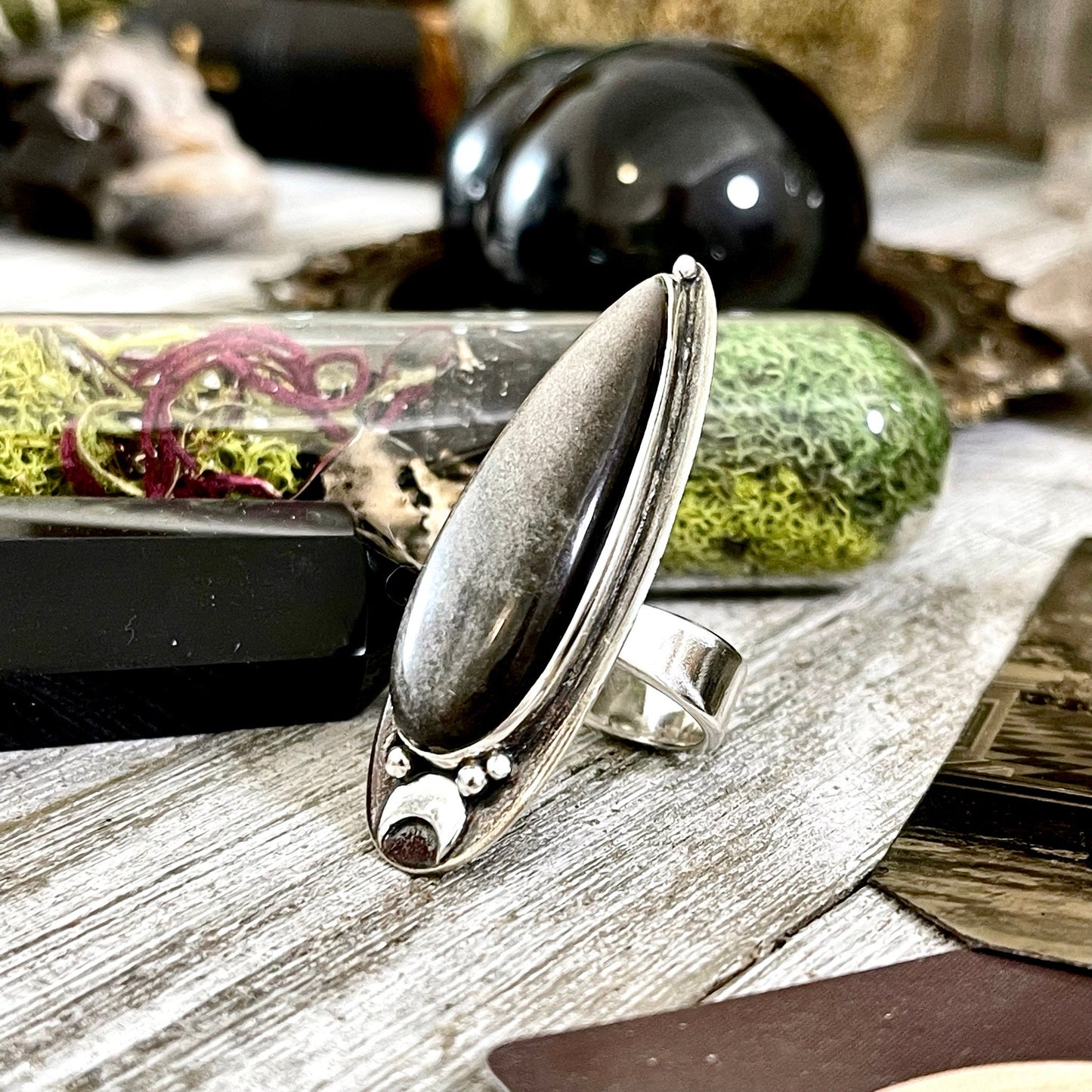 Magic Moons Silver Sheen Obsidian Ring in Sterling Silver / Designed by FOXLARK Collection Adjustable to Size 6 7 8 9 10